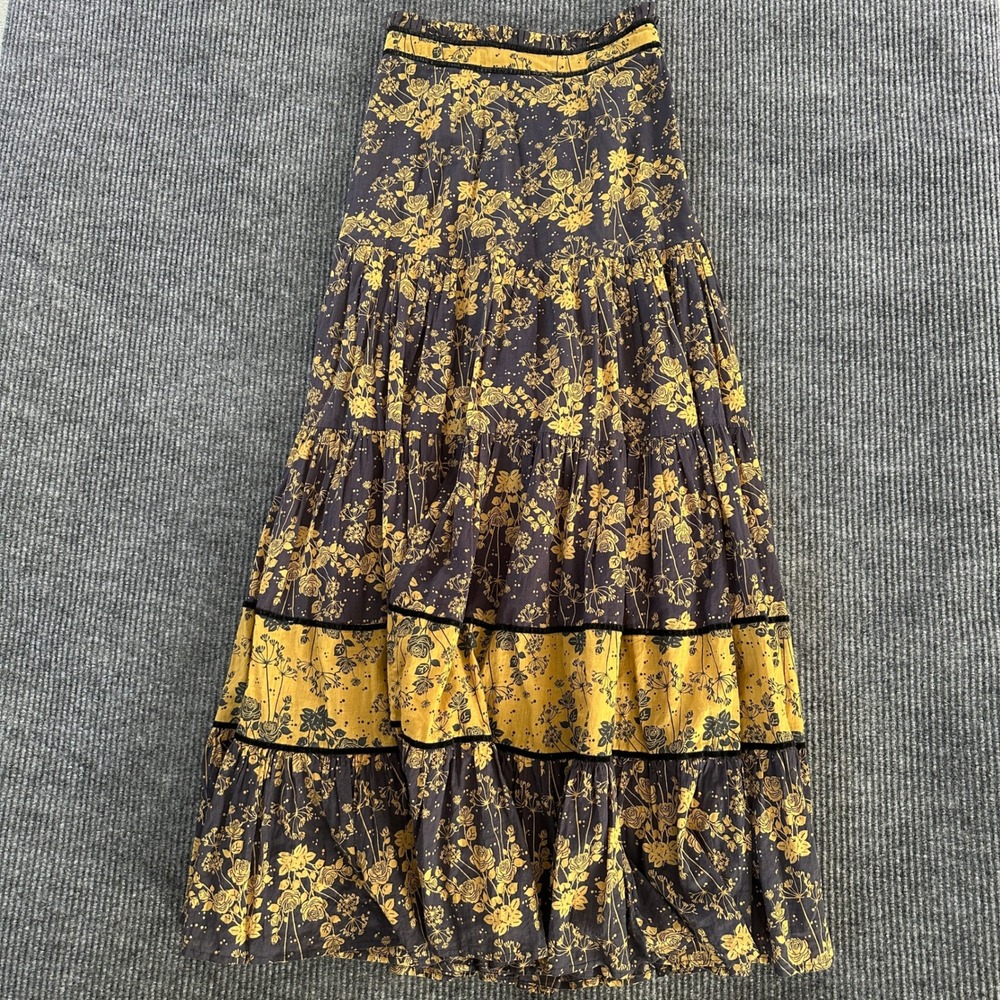 Carolina K Tiered Maxi Skirt Womens Size S Yellow Black Floral Velvet Trim Long